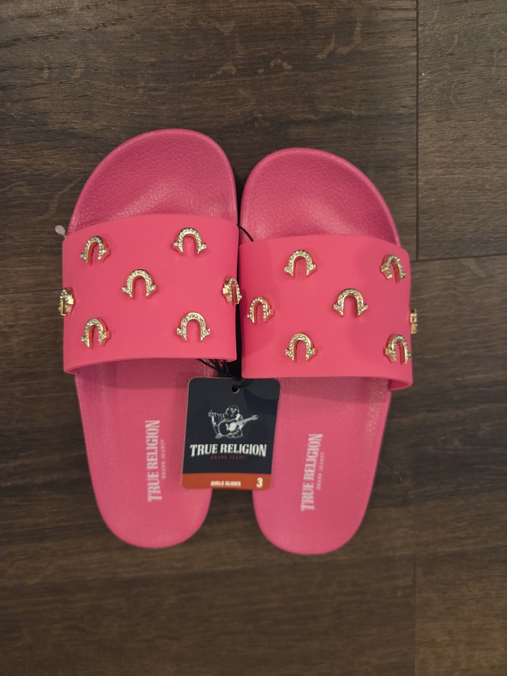 NWT True Religion Pink Slide Sandals with Gold Accents